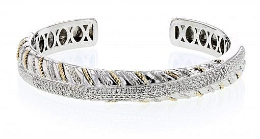 Italian sterling silver bangle bracelet with 1.15ct diamonds and solid 14K yellow gold accents