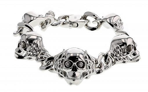 Italian sterling silver mens skull bracelet with 0.04ct. diamonds
