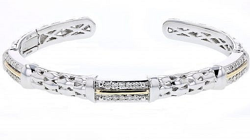 Italian sterling silver bangle bracelet with 0.45ct diamonds and solid 14K yellow gold accents