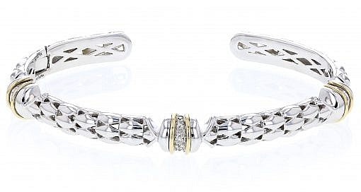 Italian sterling silver bangle bracelet with 0.26ct diamonds and solid 14K yellow gold accents