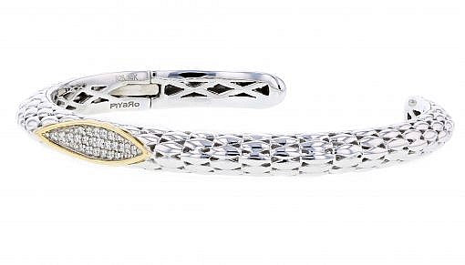 Italian Sterling Silver Bangle Bracelet with 0.33ct. diamonds and 14K solid yellow gold accent