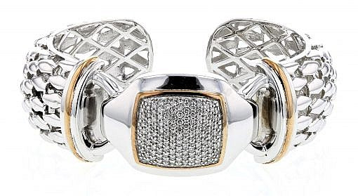 Italian Sterling Silver Cuff Bracelet with 1.11ct diamonds and 14K solid yellow gold accents
