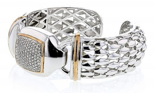 Italian Sterling Silver Cuff Bracelet with 1.11ct diamonds and 14K solid yellow gold accents