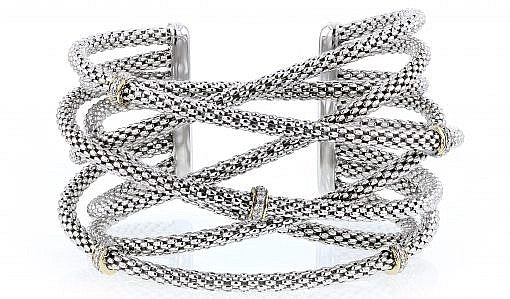 Italian Sterling Silver Mesh Cuff with 0.33ct diamond and 14K solid yellow gold accent