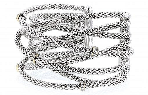 Italian Sterling Silver Mesh Cuff with 0.33ct diamond and 14K solid yellow gold accent