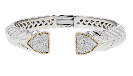 Italian Sterling Silver Bangle Bracelet with 1.21ct. diamonds and 14K solid yellow gold accents