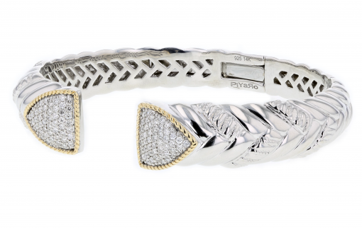 Italian Sterling Silver Bangle Bracelet with 1.21ct. diamonds and 14K solid yellow gold accents