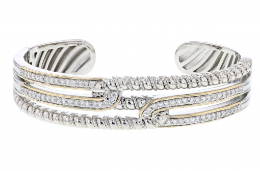 Italian Sterling Silver Bangle Bracelet with 1.02ct. diamonds and 14K solid yellow gold accents