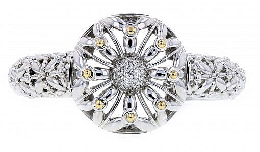 Italian sterling silver floral bracelet with 0.56ct diamonds and solid 14K yellow gold accents