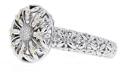 Italian sterling silver floral bracelet with 0.56ct diamonds and solid 14K yellow gold accents