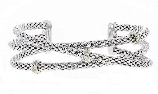 Italian sterling silver bangle bracelet with 0.19ct diamonds and 14K solid yellow gold accents