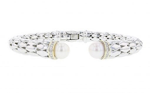 Italian Sterling Silver Bracelet with 0.20ct white diamonds, white pearls and 14K solid yellow gold accents