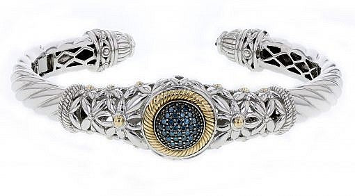 Italian sterling silver bangle bracelet with solid 14K yellow gold accent and 0.27ct blue diamonds