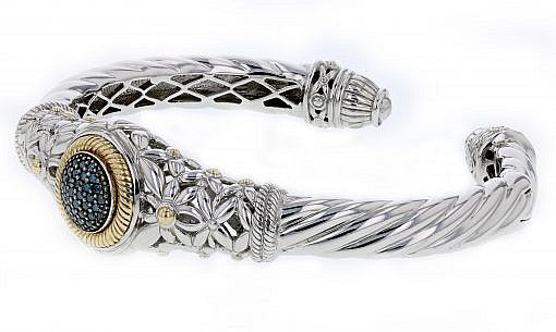 Italian sterling silver bangle bracelet with solid 14K yellow gold accent and 0.27ct blue diamonds