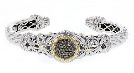Italian sterling silver bangle bracelet with solid 14K yellow gold accent and 0.27ct brown diamonds