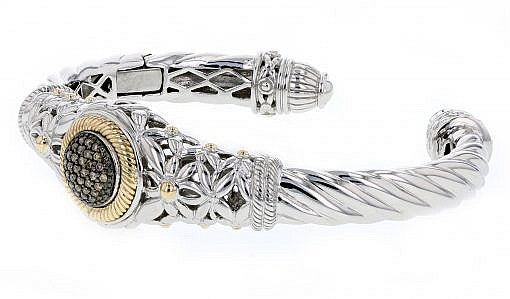 Italian sterling silver bangle bracelet with solid 14K yellow gold accent and 0.27ct brown diamonds