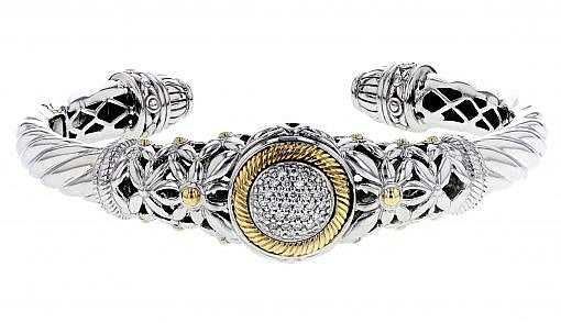 Italian sterling silver bangle bracelet with solid 14K yellow gold accents and 0.27ct white diamonds