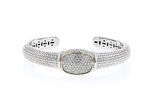 Italian Sterling Silver Bangle Bracelet with 1.11ct diamonds and 14K solid yellow gold accents