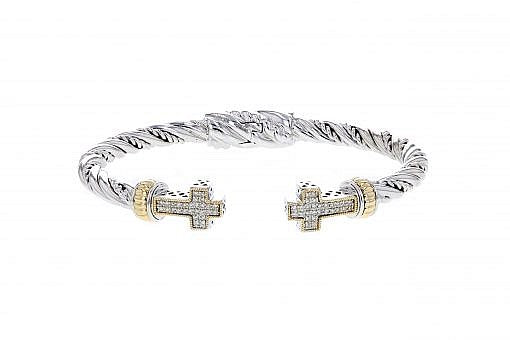 Italian Sterling Silver Two Cross Hinged Bracelet with 0.30ct diamonds and 14K solid yellow gold accents