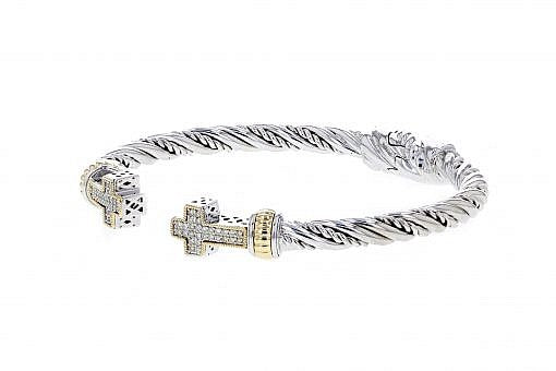 Italian Sterling Silver Two Cross Hinged Bracelet with 0.30ct diamonds and 14K solid yellow gold accents