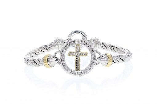 Italian Sterling Silver Cross Bracelet with 0.45ct diamonds and 14K solid yellow gold accents