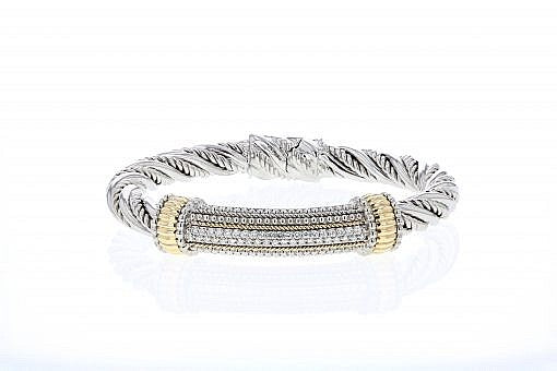 Italian Sterling Silver Bangle Bracelet with 0.62ct diamonds and 14K solid yellow gold accents