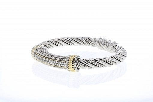 Italian Sterling Silver Bangle Bracelet with 0.62ct diamonds and 14K solid yellow gold accents