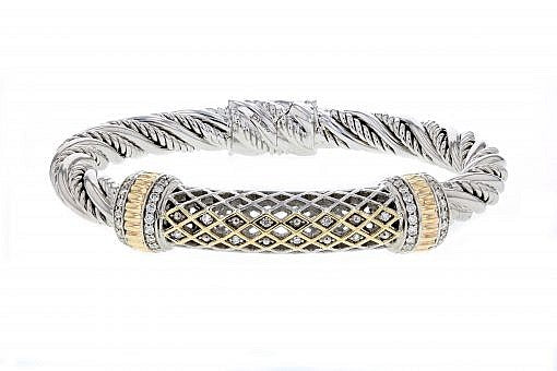 Italian Sterling Silver Bangle Bracelet with 0.72ct diamonds and 14K solid yellow gold accents