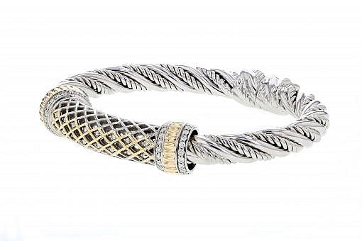 Italian Sterling Silver Bangle Bracelet with 0.72ct diamonds and 14K solid yellow gold accents