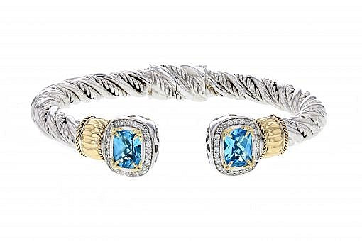 Italian Sterling Silver Bangle Bracelet with 0.62ct diamonds, blue topaz and 14K solid yellow gold accents