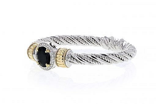 Italian Sterling Silver Bangle Bracelet with black onyx center stone, 0.42ct diamonds, and 14K solid yellow gold accents
