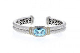 Italian Sterling Silver Bracelet with sky blue topaz center stone, 0.59ct diamonds and 14K solid yellow gold accents