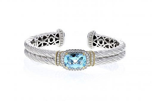 Italian Sterling Silver Bracelet with sky blue topaz center stone, 0.59ct diamonds and 14K solid yellow gold accents