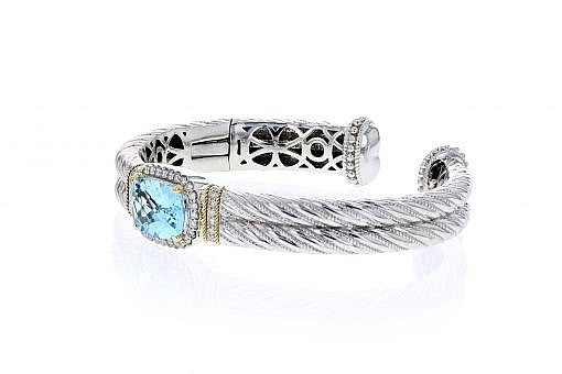 Italian Sterling Silver Bracelet with sky blue topaz center stone, 0.59ct diamonds and 14K solid yellow gold accents