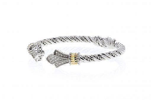 Italian Sterling Silver Bangle Bracelet with 0.29ct diamonds and 14K solid yellow gold accents
