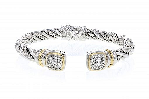 Italian Sterling Silver Bangle Bracelet with 0.50ct diamonds and 14K solid yellow gold accents