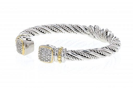 Italian Sterling Silver Bangle Bracelet with 0.50ct diamonds and 14K solid yellow gold accents