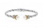 Italian Sterling Silver Bangle Bracelet with 0.64ct diamonds, pearls and 14K solid yellow gold accents