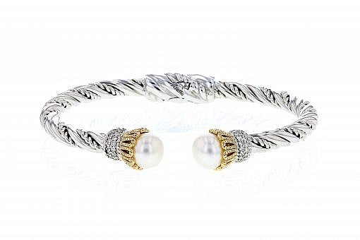 Italian Sterling Silver Bangle Bracelet with 0.64ct diamonds, pearls and 14K solid yellow gold accents