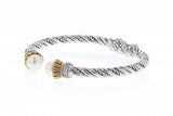 Italian Sterling Silver Bangle Bracelet with 0.64ct diamonds, pearls and 14K solid yellow gold accents