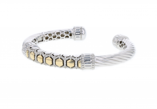 Italian Sterling Silver Hinge Bracelet with 0.55ct. diamonds and 14K solid yellow gold accents