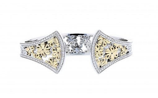 Italian sterling silver hinge bracelet with 0.33ct. diamonds and solid 14K yellow gold accents