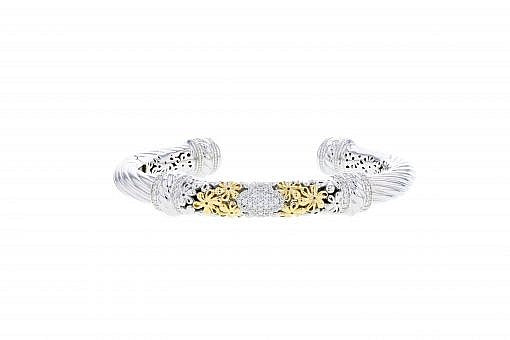 Italian sterling silver hinge bracelet with 0.54ct. diamonds and solid 14K yellow gold accents