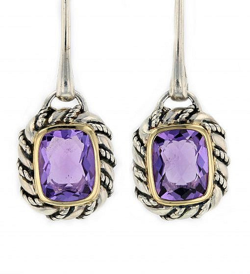 Italian sterling silver dangle earrings set with 3.74ctw. purple amethysts and 14K solid yellow gold accents