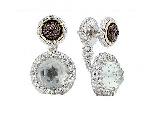 Italian Sterling Silver Earrings set with green onyx, white & brown diamonds 0.66ctw, and 14K solid yellow gold accents