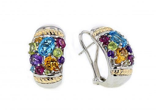 Italian Sterling Silver Earrings set with semiprecious stones totaling 5.92ctw and 14K solid yellow gold accents