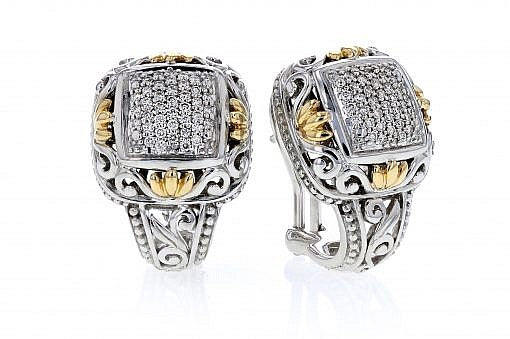 Italian Sterling Silver Earrings set with 0.59ct diamonds and 14K solid yellow gold accents