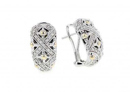 Italian sterling silver earrings set with 0.60ct diamonds and solid 14K yellow gold accents