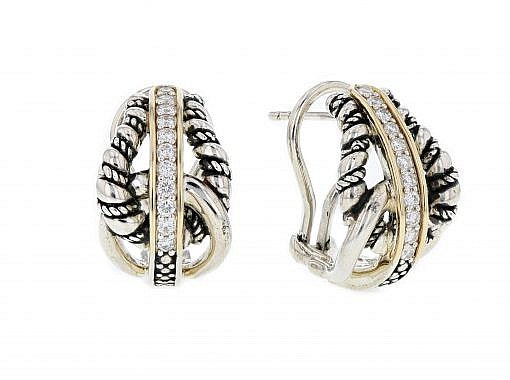 Italian sterling silver earrings set with 0.30ct white diamonds and 14K solid yellow gold accents