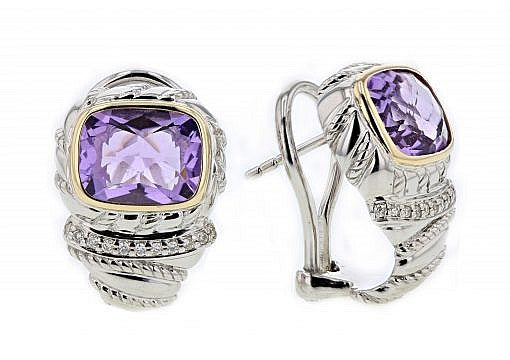 Italian Sterling Silver Amethyst Earrings set with 0.13ct diamonds and 14K solid yellow gold accents